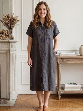 Simons Simons Icone Grey Linen Shirt Dress Short Sleeve Button Down Large